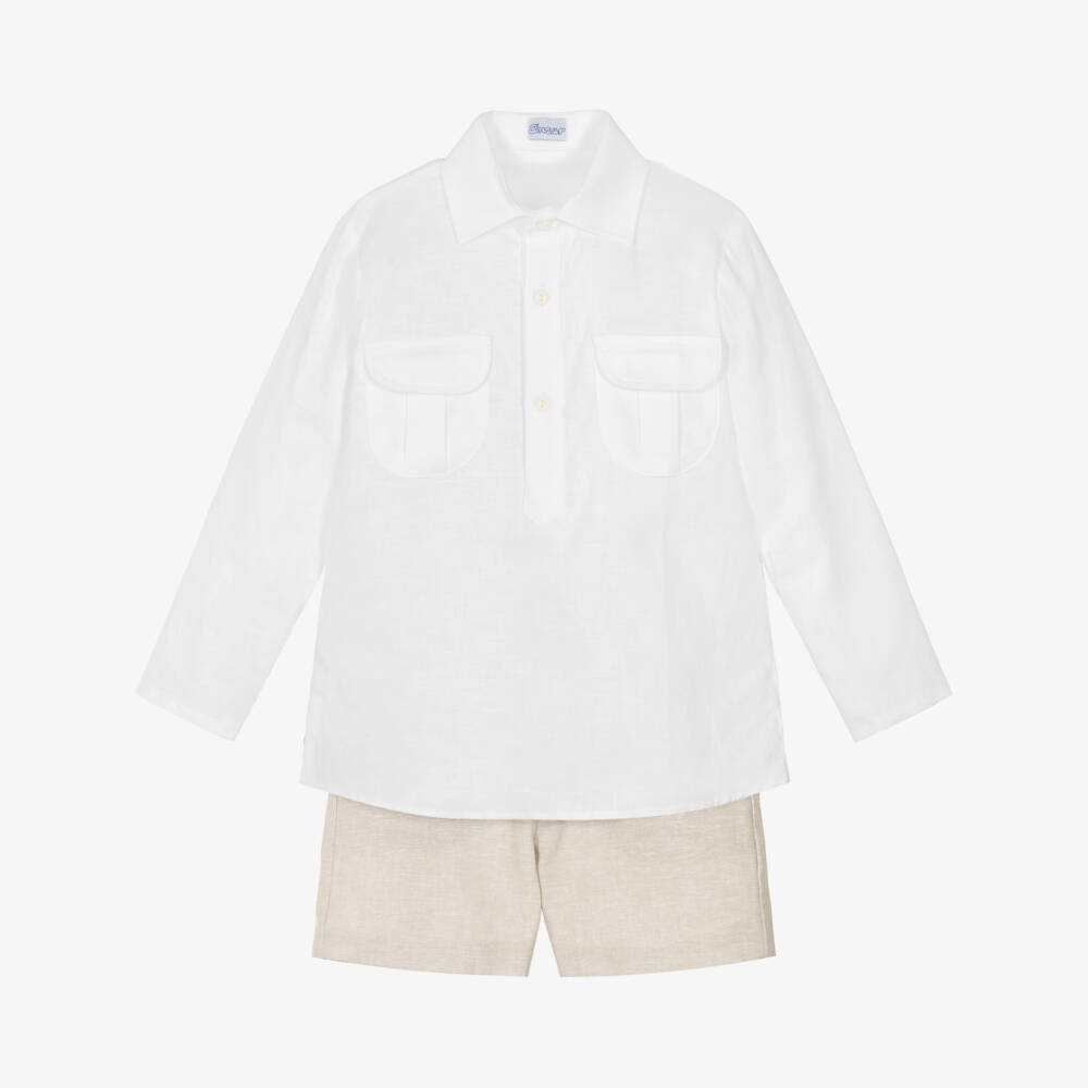 Ancar-Boys White Shirt & Beige Linen Blend Shorts Set | Childrensalon