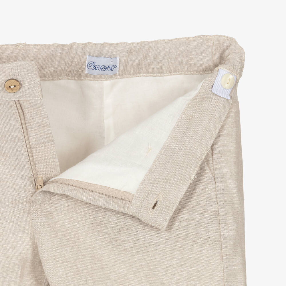 Ancar-Boys White Shirt & Beige Linen Blend Shorts Set | Childrensalon
