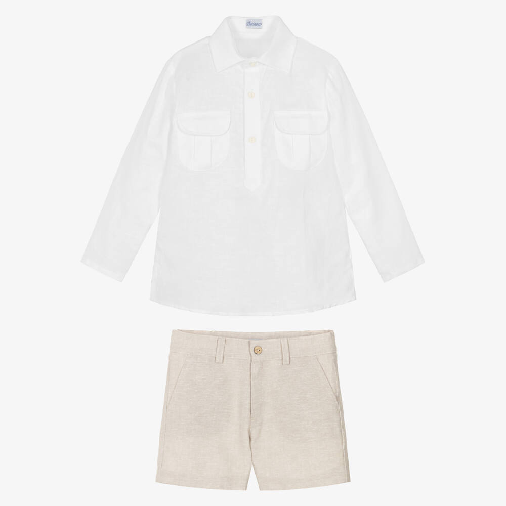 Ancar-Boys White Shirt & Beige Linen Blend Shorts Set | Childrensalon