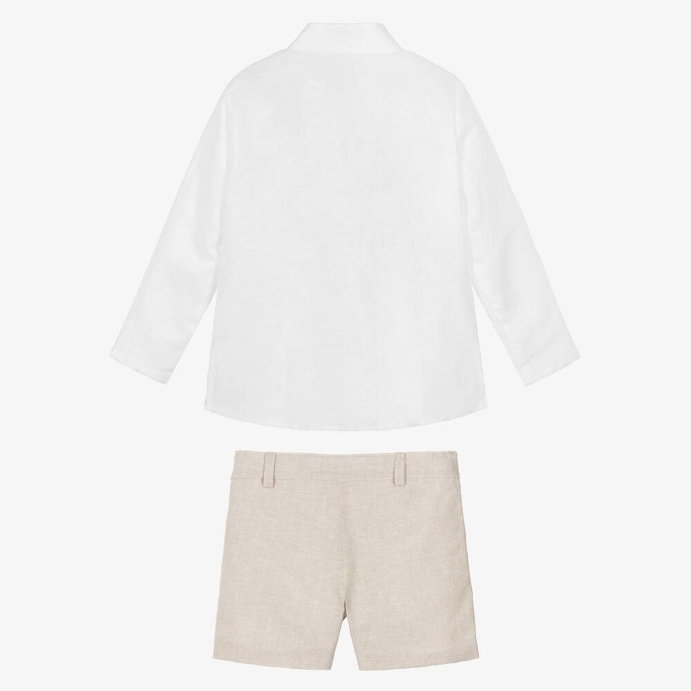 Ancar-Boys White Shirt & Beige Linen Blend Shorts Set | Childrensalon