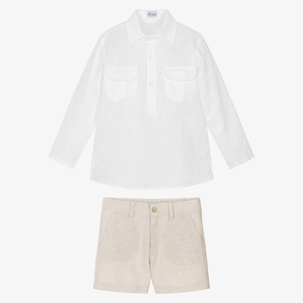 Ancar-Boys White Shirt & Beige Linen Blend Shorts Set | Childrensalon