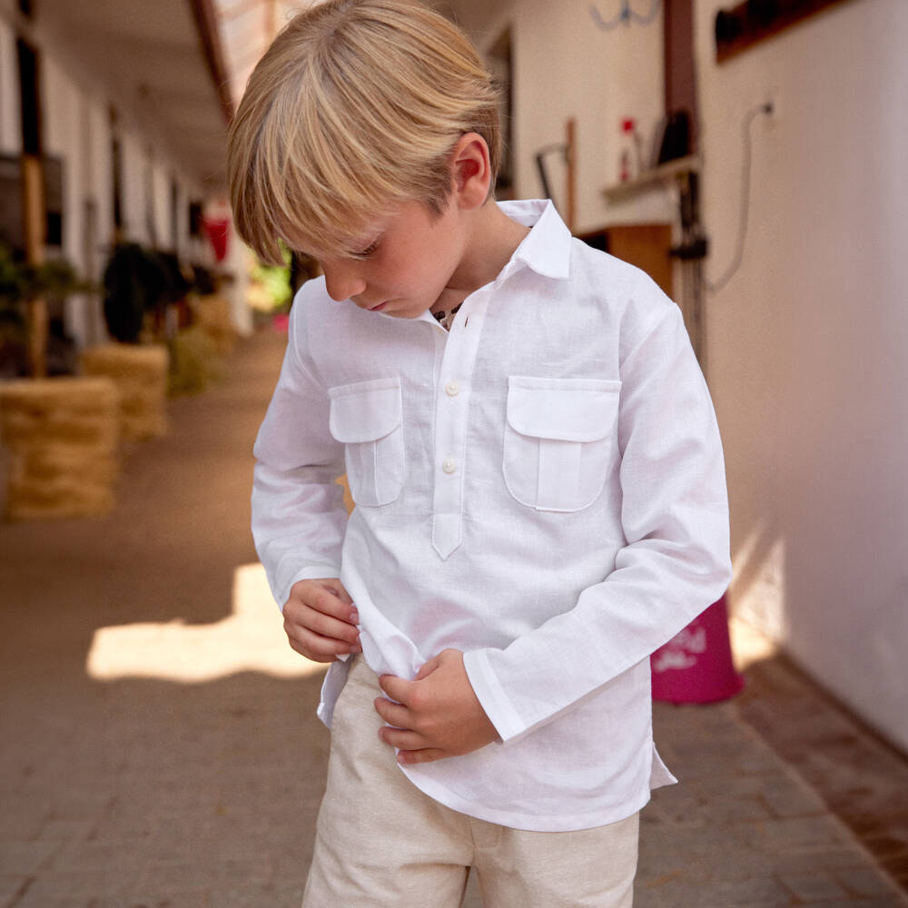 Ancar-Boys White Shirt & Beige Linen Blend Shorts Set | Childrensalon
