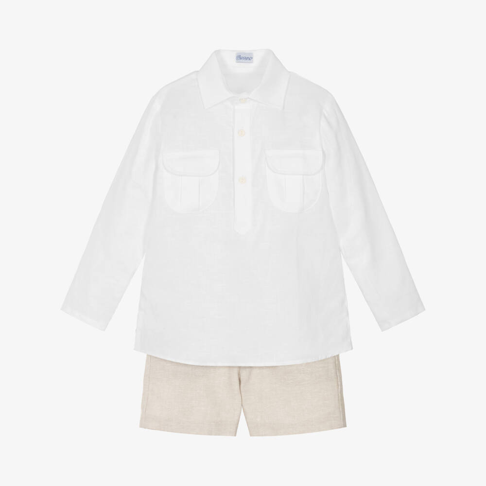 Ancar-Boys White Shirt & Beige Linen Blend Shorts Set | Childrensalon