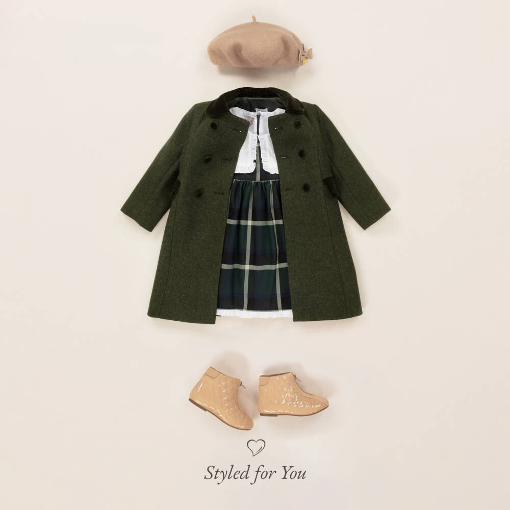 Ancar-معطف لباد صوف مع تفاصيل مخملية لون اخضر | Childrensalon