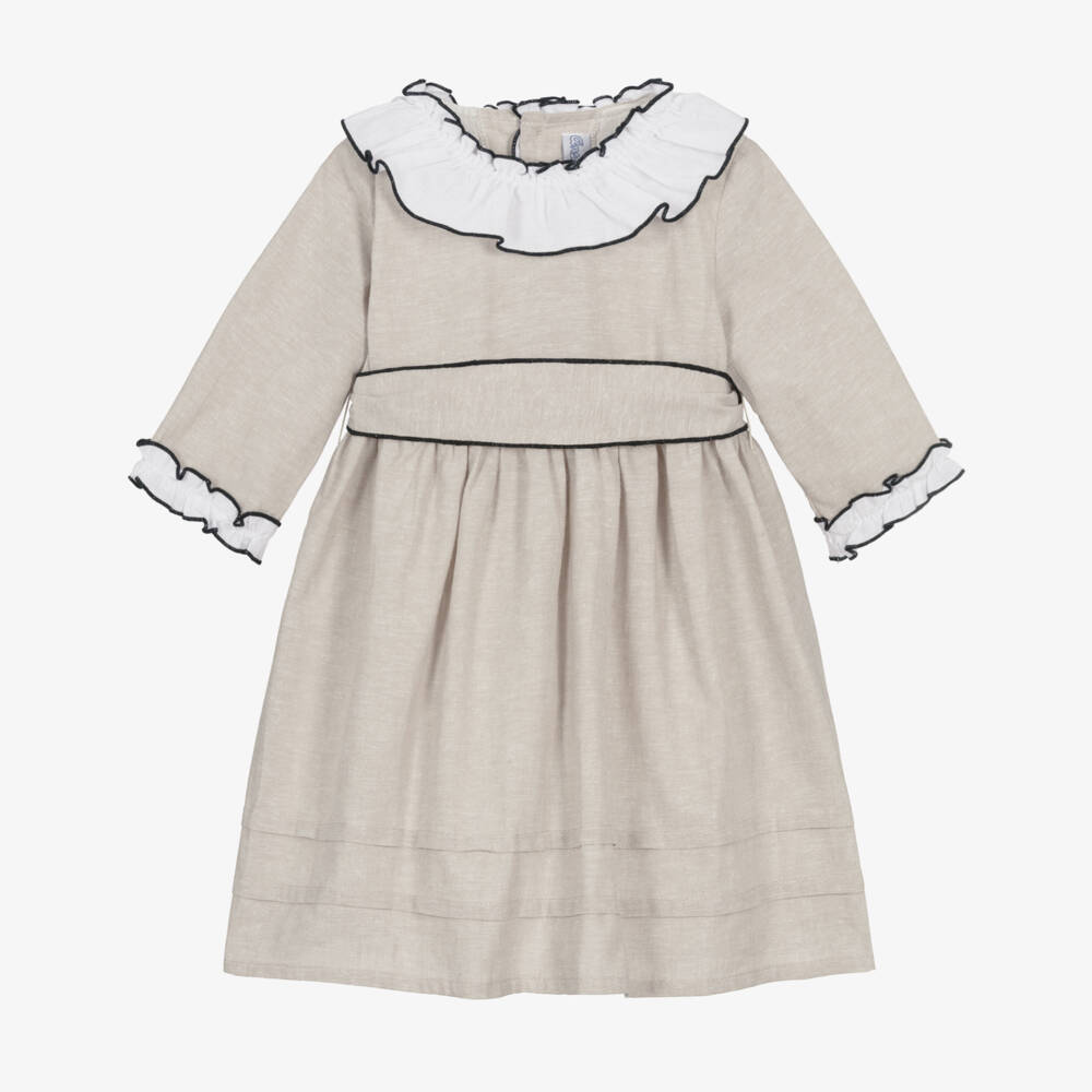 Ancar-Girls Beige Dress with White Ruffle Collar | Childrensalon