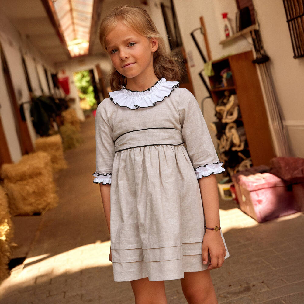 Ancar-Girls Beige Dress with White Ruffle Collar | Childrensalon