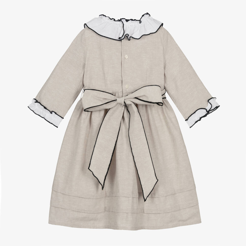 Ancar-Girls Beige Dress with White Ruffle Collar | Childrensalon
