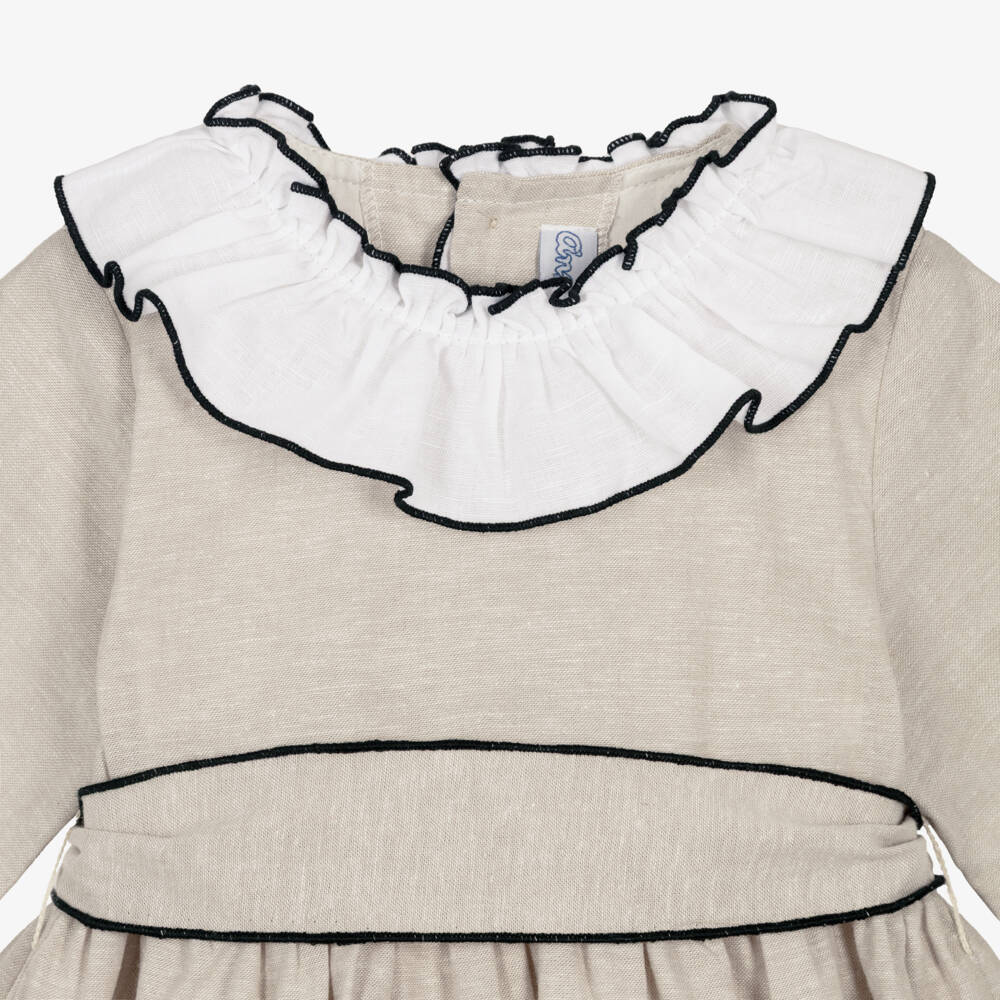 Ancar-Girls Beige Dress with White Ruffle Collar | Childrensalon