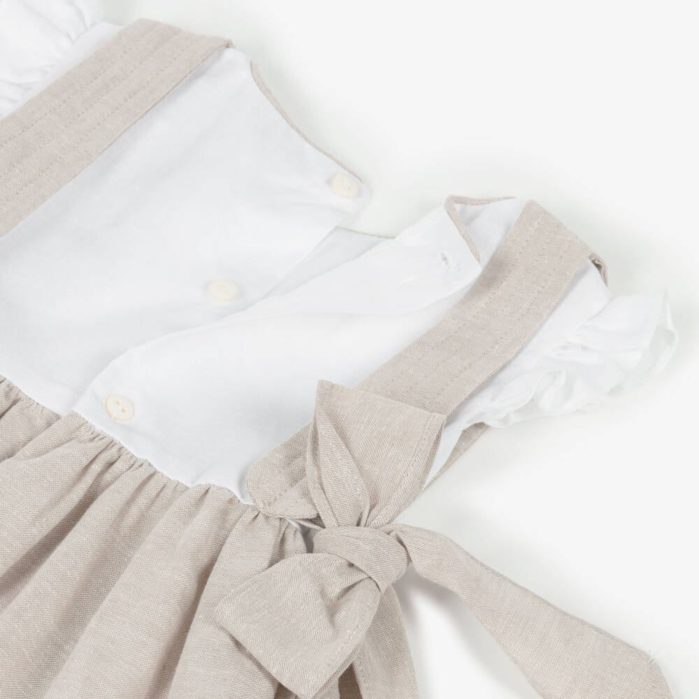 Ancar-Girls Beige Linen & Cotton Dress with Side Bows | Childrensalon
