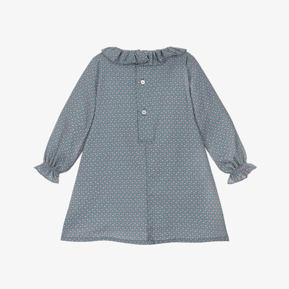 Ancar-Girls Blue Cotton Dress with Pink Ric Rac Trims | Childrensalon