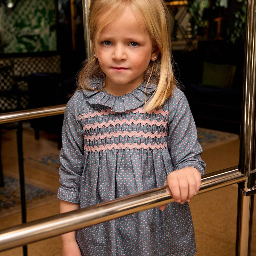 Ancar-Girls Blue Cotton Dress with Pink Ric Rac Trims | Childrensalon