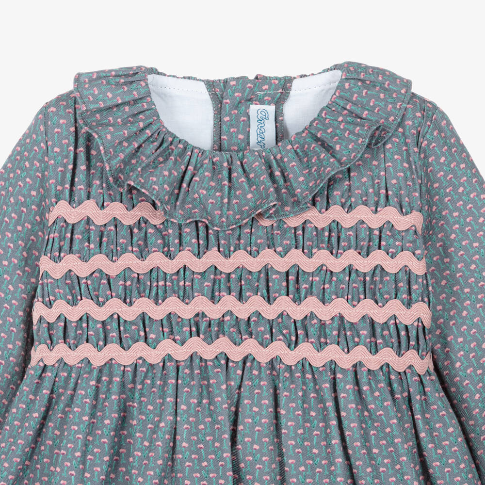 Ancar-Girls Blue Cotton Dress with Pink Ric Rac Trims | Childrensalon
