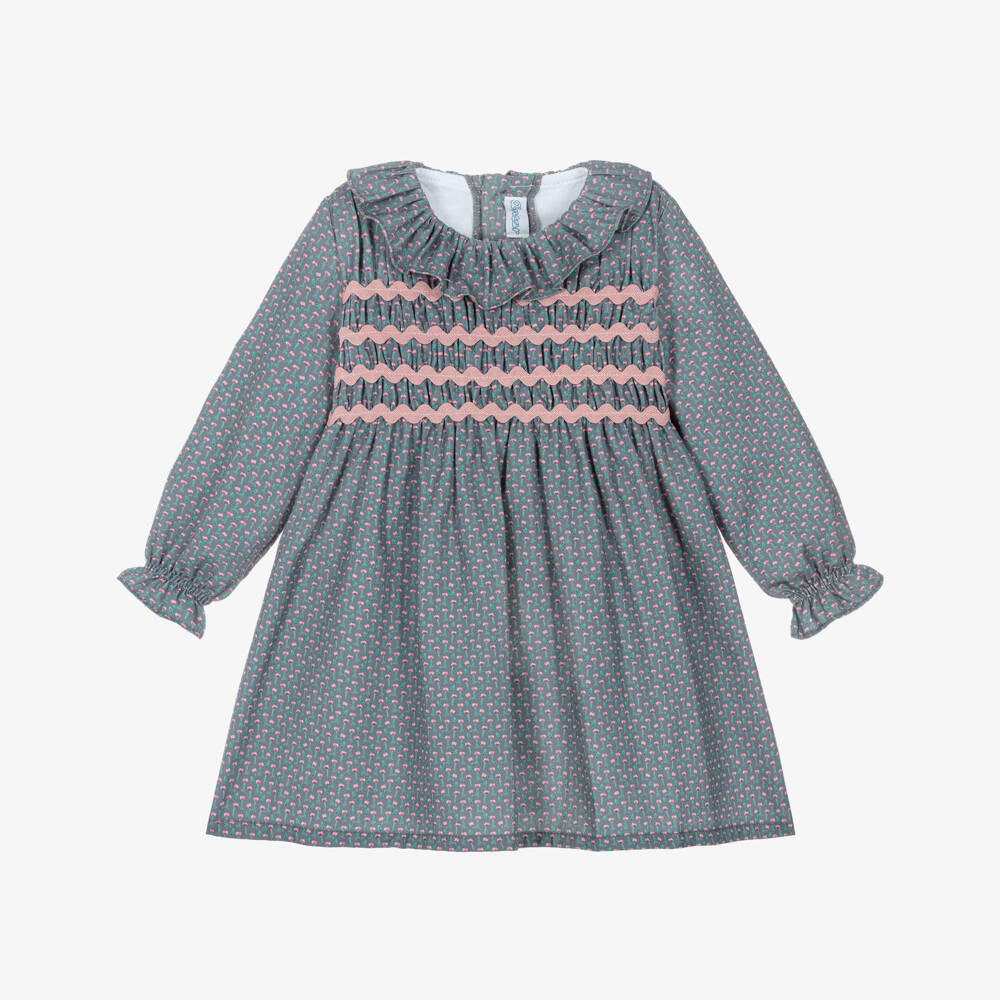 Ancar-Girls Blue Cotton Dress with Pink Ric Rac Trims | Childrensalon