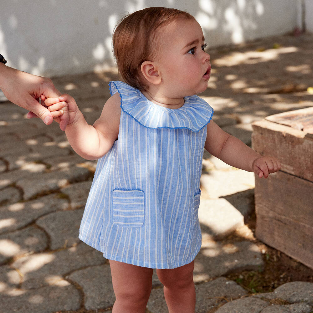 Ancar-Girls Blue Stripe Dress with Knickers | Childrensalon
