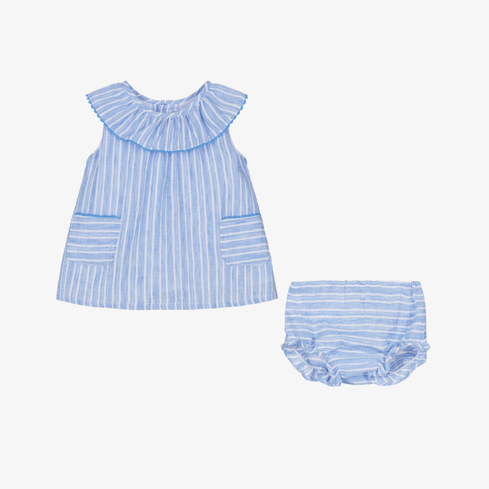 Ancar-Girls Blue Stripe Dress with Knickers | Childrensalon