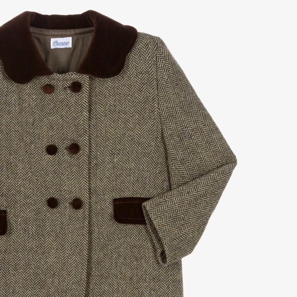 Ancar-Girls Brown Herringbone Tweed Coat | Childrensalon