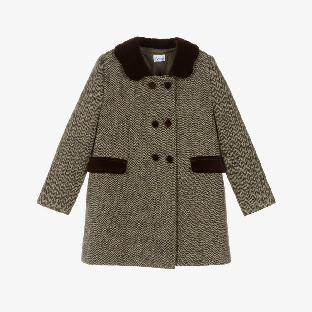 Ancar-Girls Brown Herringbone Tweed Coat | Childrensalon