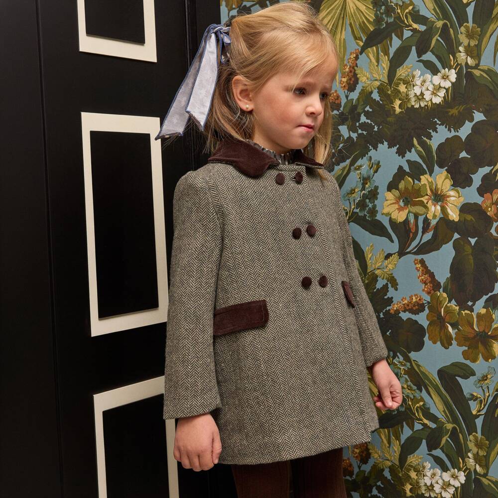 Ancar-Girls Brown Traditional Herringbone Tweed Coat | Childrensalon
