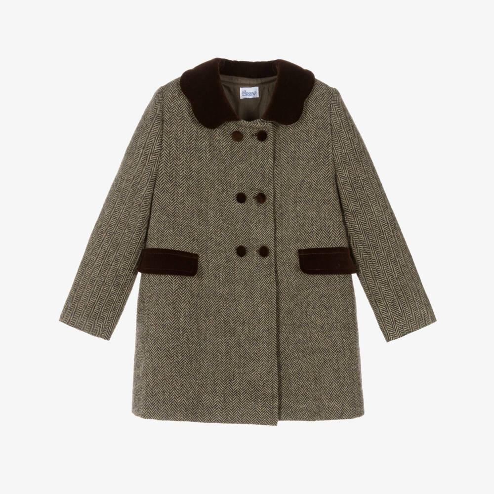 Ancar-Girls Brown Traditional Herringbone Tweed Coat | Childrensalon