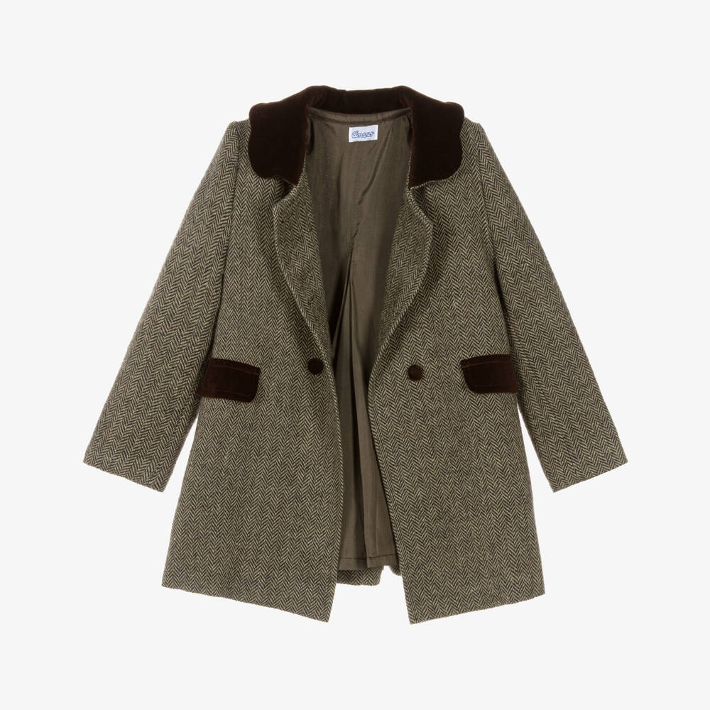 Ancar-Girls Brown Traditional Herringbone Tweed Coat | Childrensalon