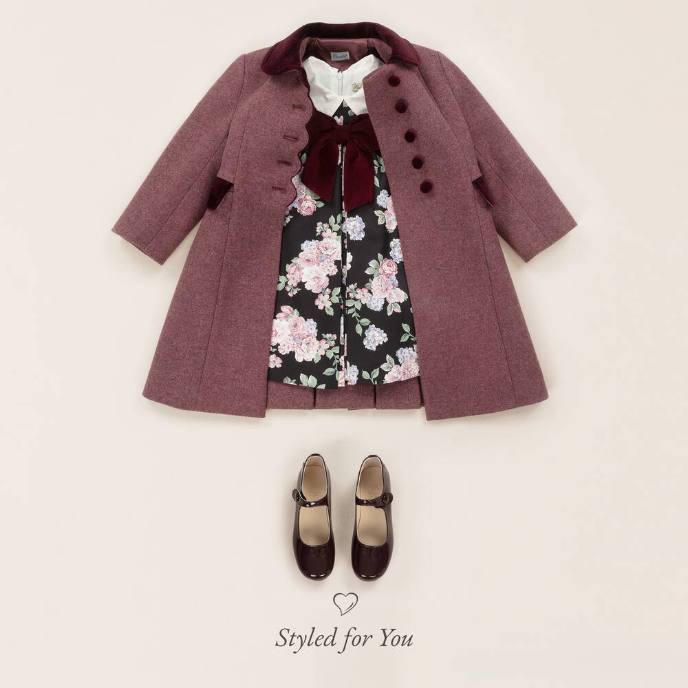 Ancar-Girls Burgundy Red Wool & Velvet Coat | Childrensalon