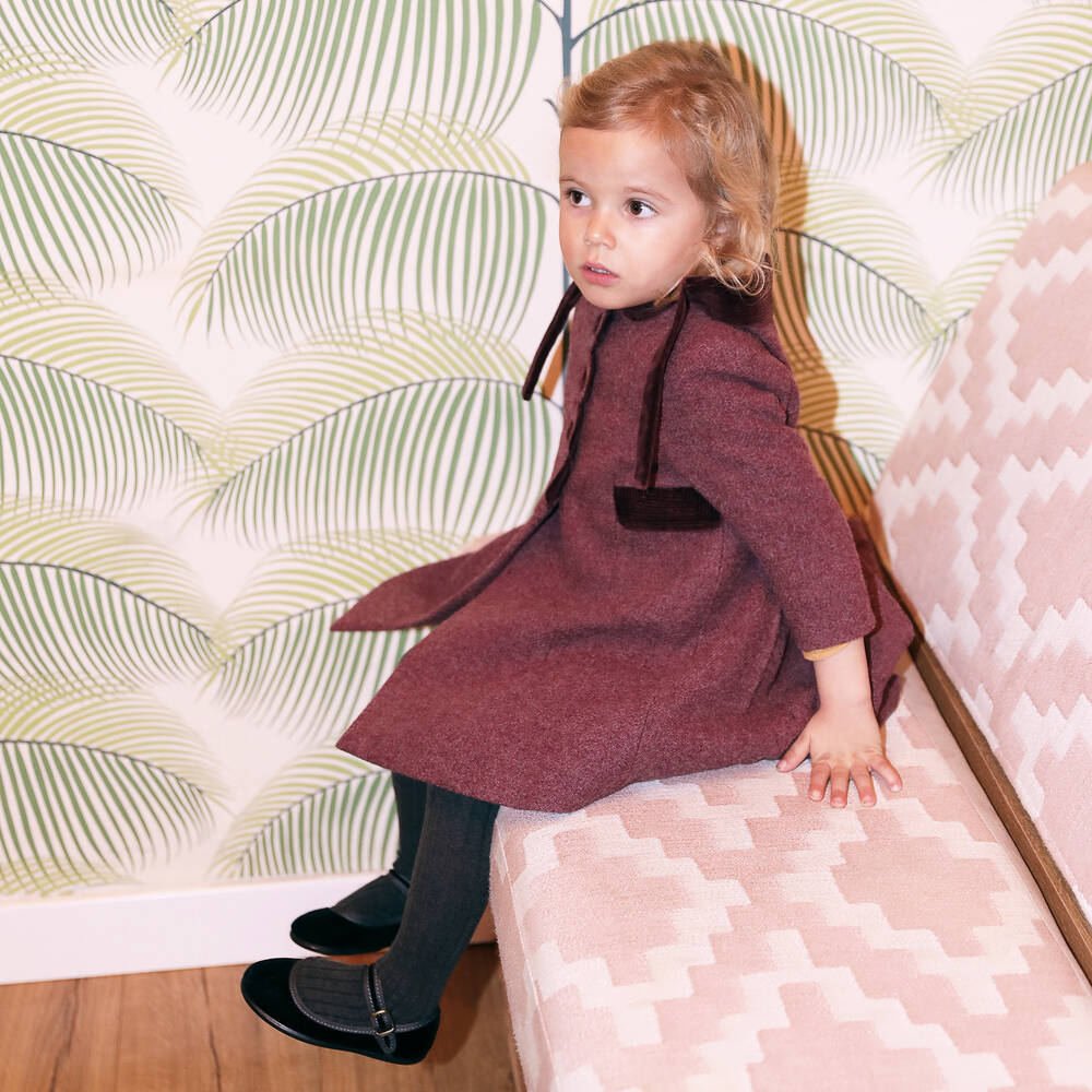 Ancar-Girls Burgundy Red Wool & Velvet Coat | Childrensalon
