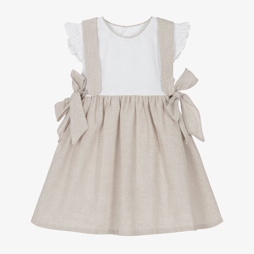 Ancar-Girls Ivory & Beige Dress with Side Bows | Childrensalon
