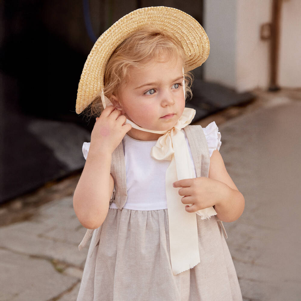 Ancar-Girls Ivory & Beige Dress with Side Bows | Childrensalon