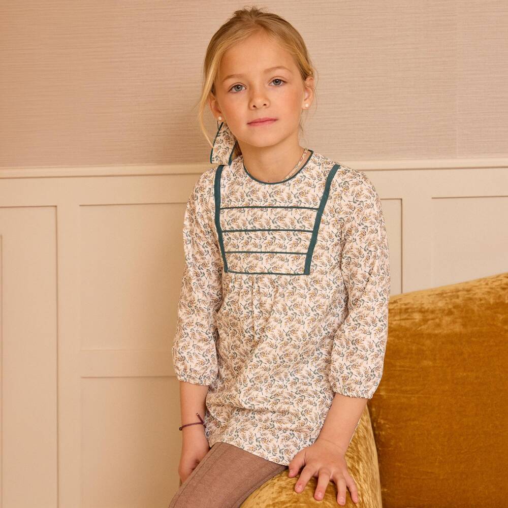 Ancar-Girls Ivory & Green Botanical Print Dress | Childrensalon