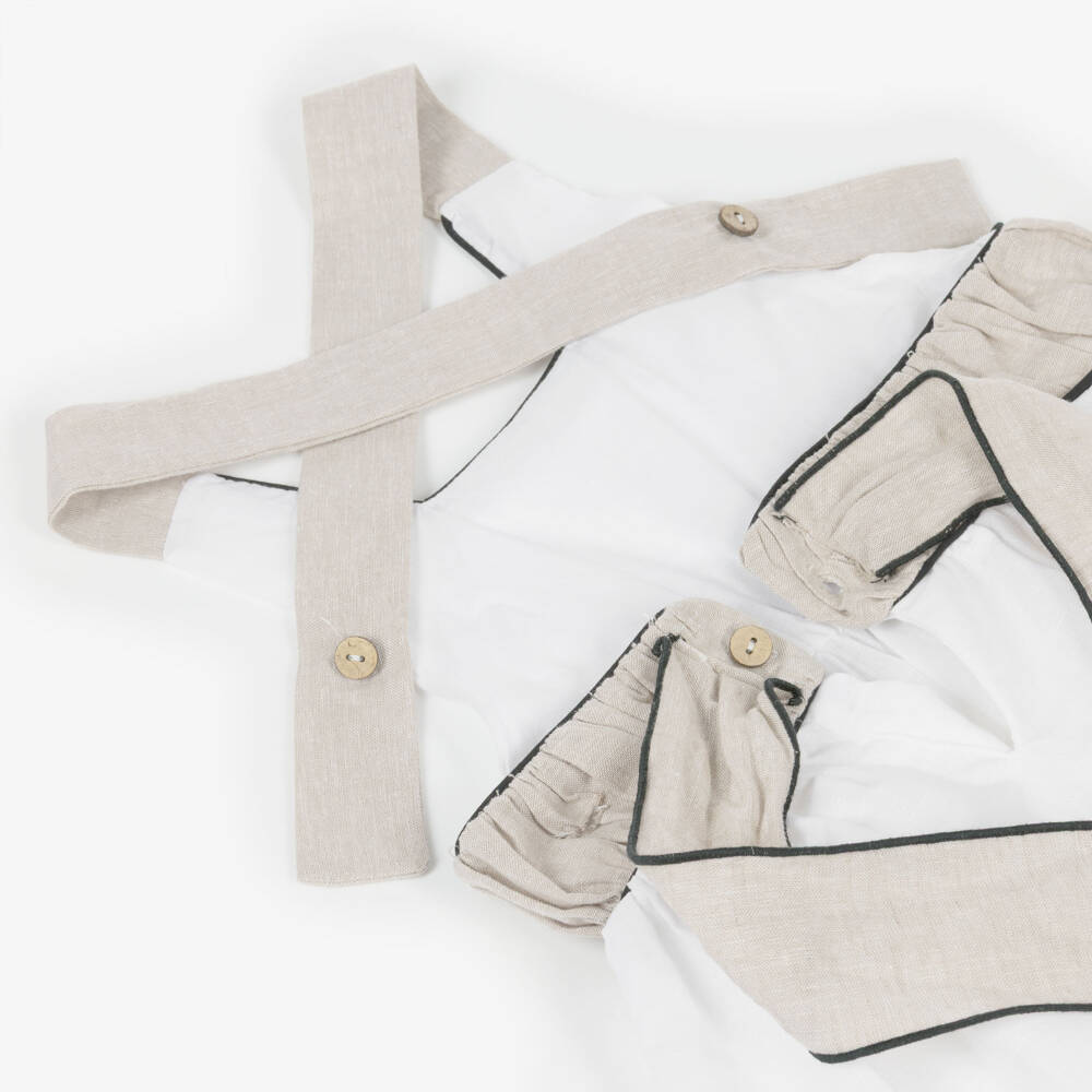 Ancar-Girls Ivory Linen & Cotton Dress with Ruched Waist | Childrensalon