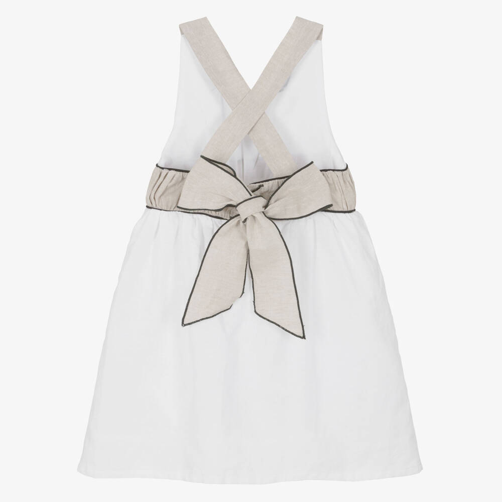 Ancar-Girls Ivory Linen & Cotton Dress with Ruched Waist | Childrensalon