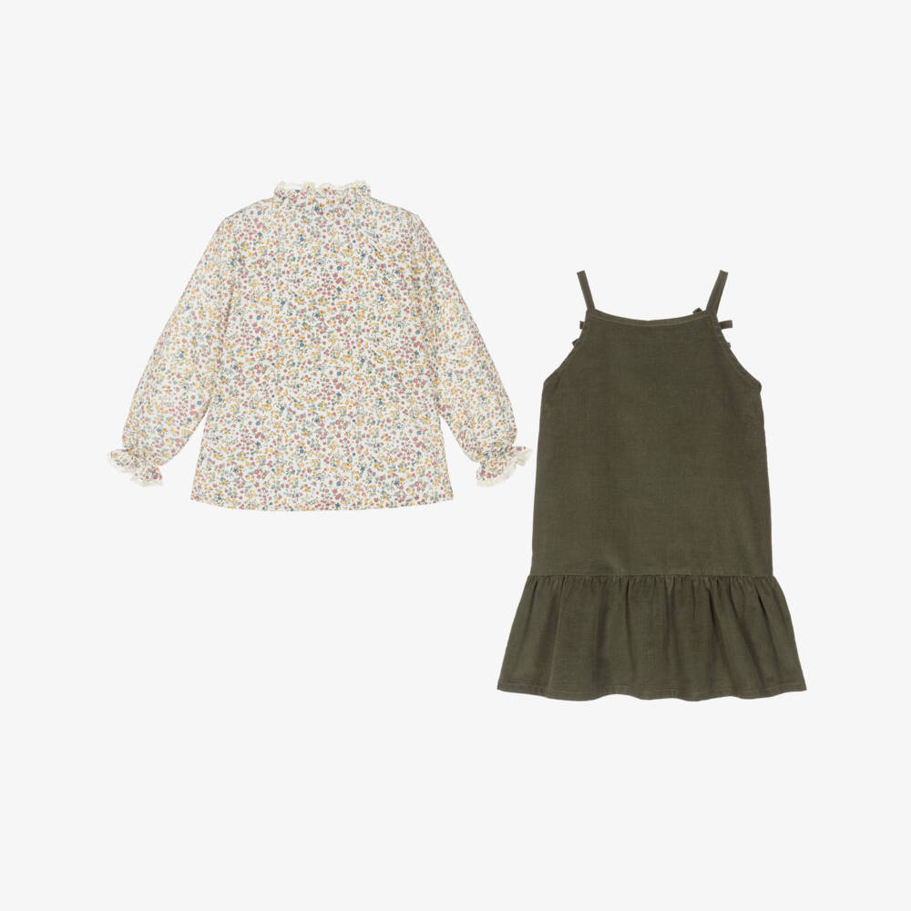 Ancar-Girls Ivory & Moss Green Corduroy Dress Set | Childrensalon
