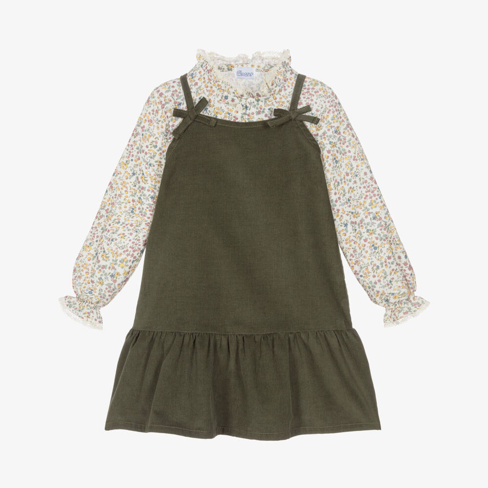 Ancar-Girls Ivory & Moss Green Corduroy Dress Set | Childrensalon