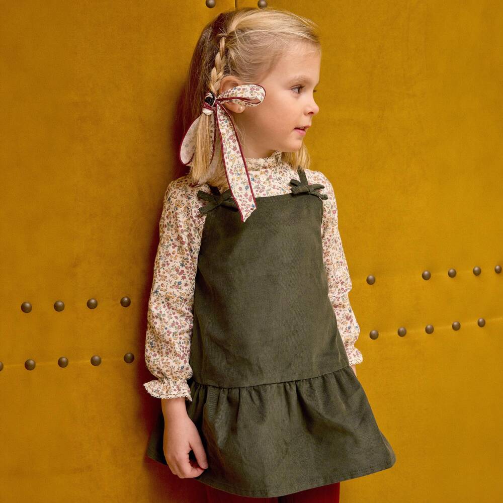 Ancar-Girls Ivory & Moss Green Corduroy Dress Set | Childrensalon