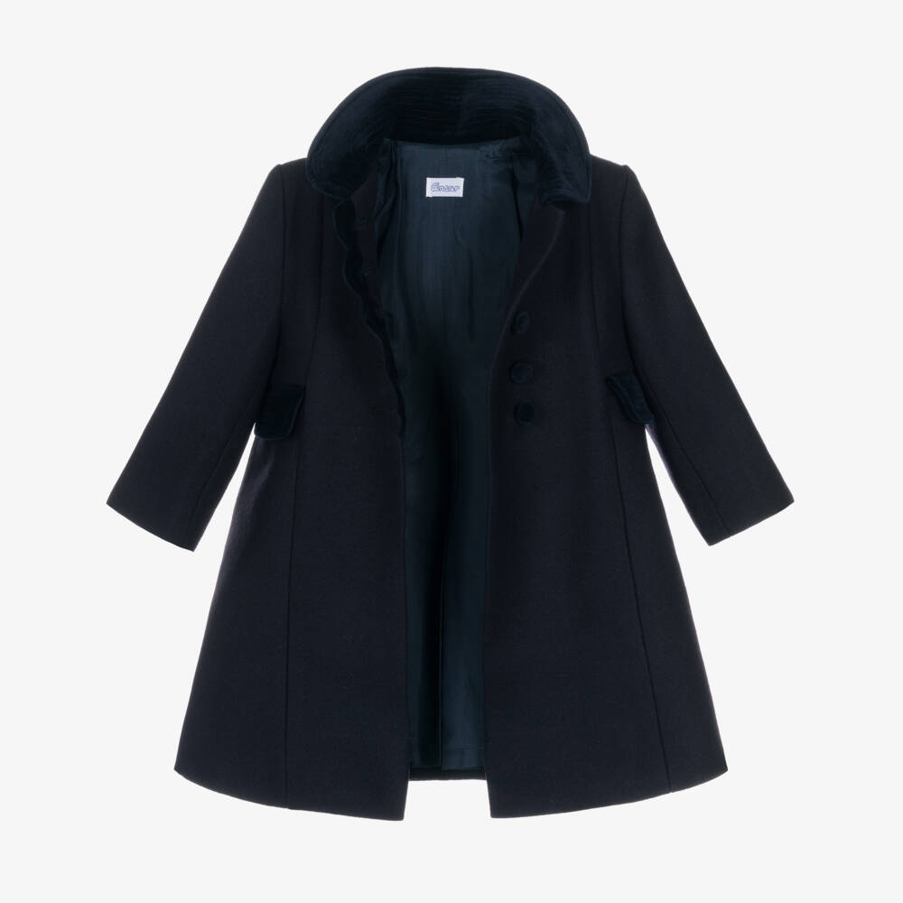 Ancar-Girls Navy Blue Wool & Velvet Coat | Childrensalon