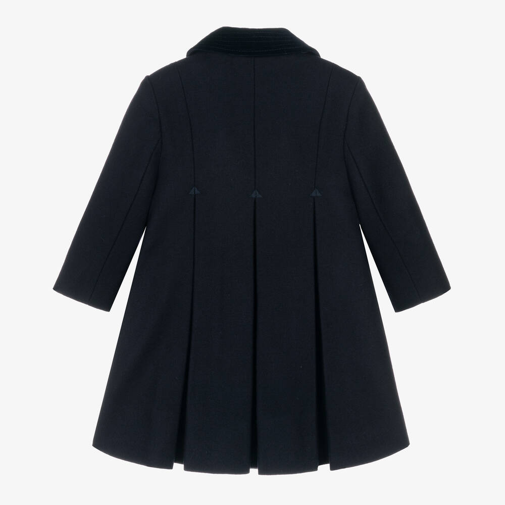 Ancar-Girls Navy Blue Wool & Velvet Coat  | Childrensalon