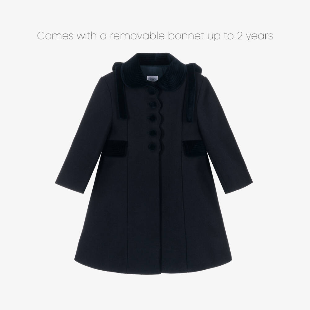 Ancar-Girls Navy Blue Wool & Velvet Coat | Childrensalon