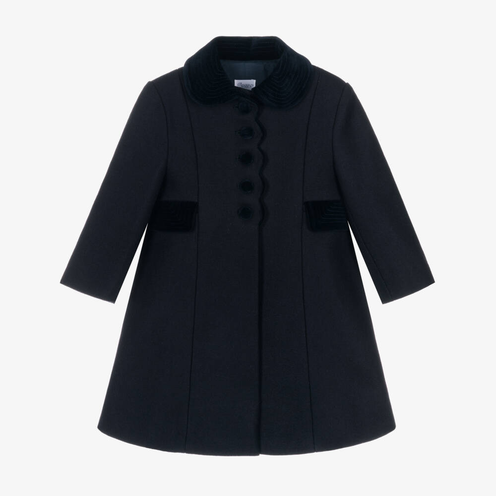 Ancar-Girls Navy Blue Wool & Velvet Coat  | Childrensalon