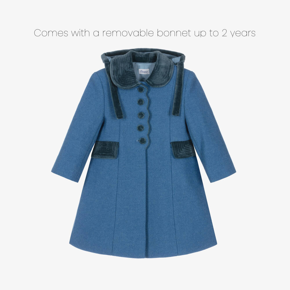 Ancar-Girls Pale Blue Wool & Velvet Coat | Childrensalon