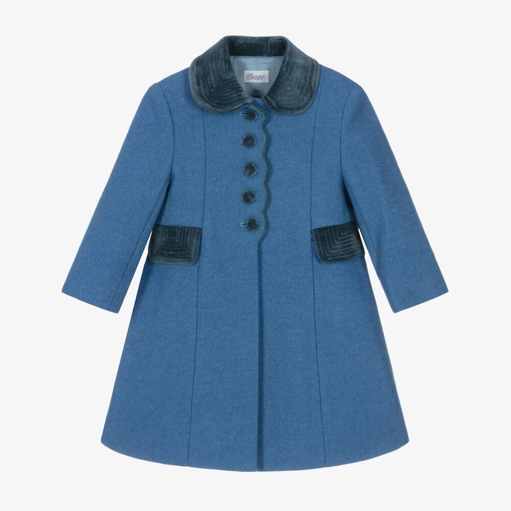 Ancar-Girls Pale Blue Wool & Velvet Coat  | Childrensalon