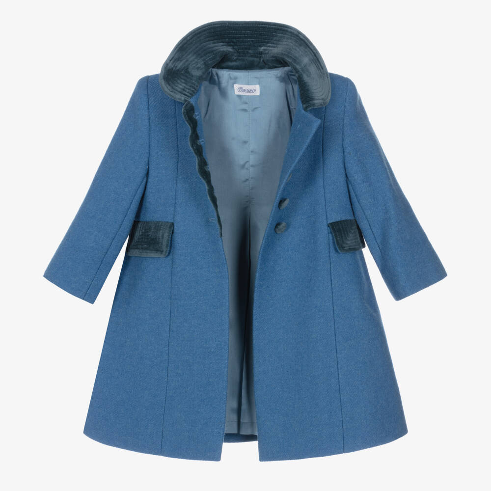 Ancar-Girls Pale Blue Wool & Velvet Coat  | Childrensalon