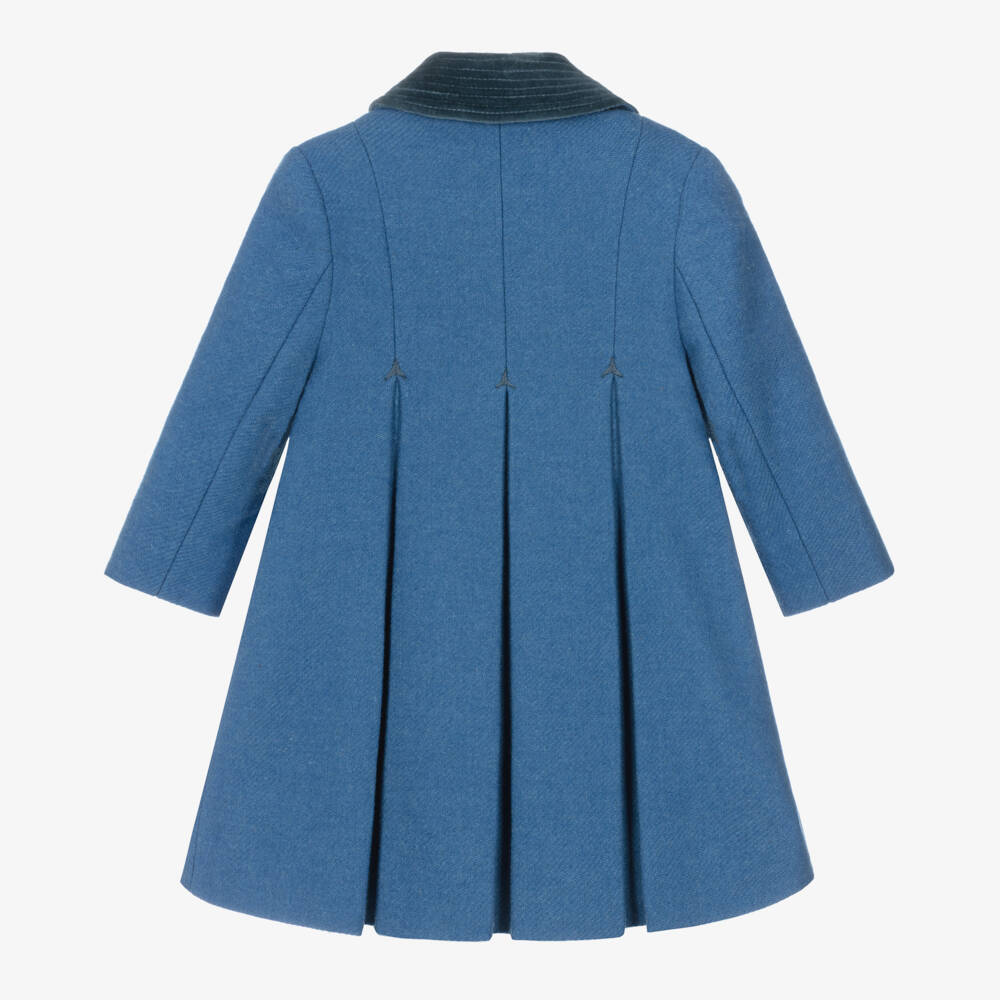 Ancar-Girls Pale Blue Wool & Velvet Coat  | Childrensalon
