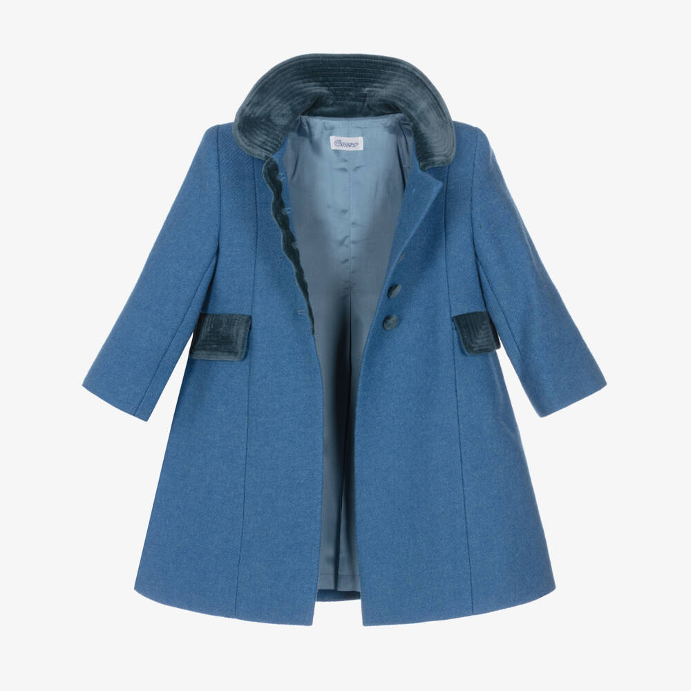 Ancar-Girls Pale Blue Wool & Velvet Coat | Childrensalon