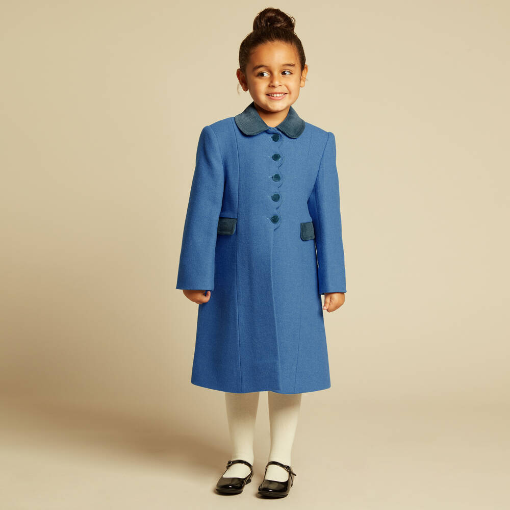 Ancar-Girls Pale Blue Wool & Velvet Coat  | Childrensalon
