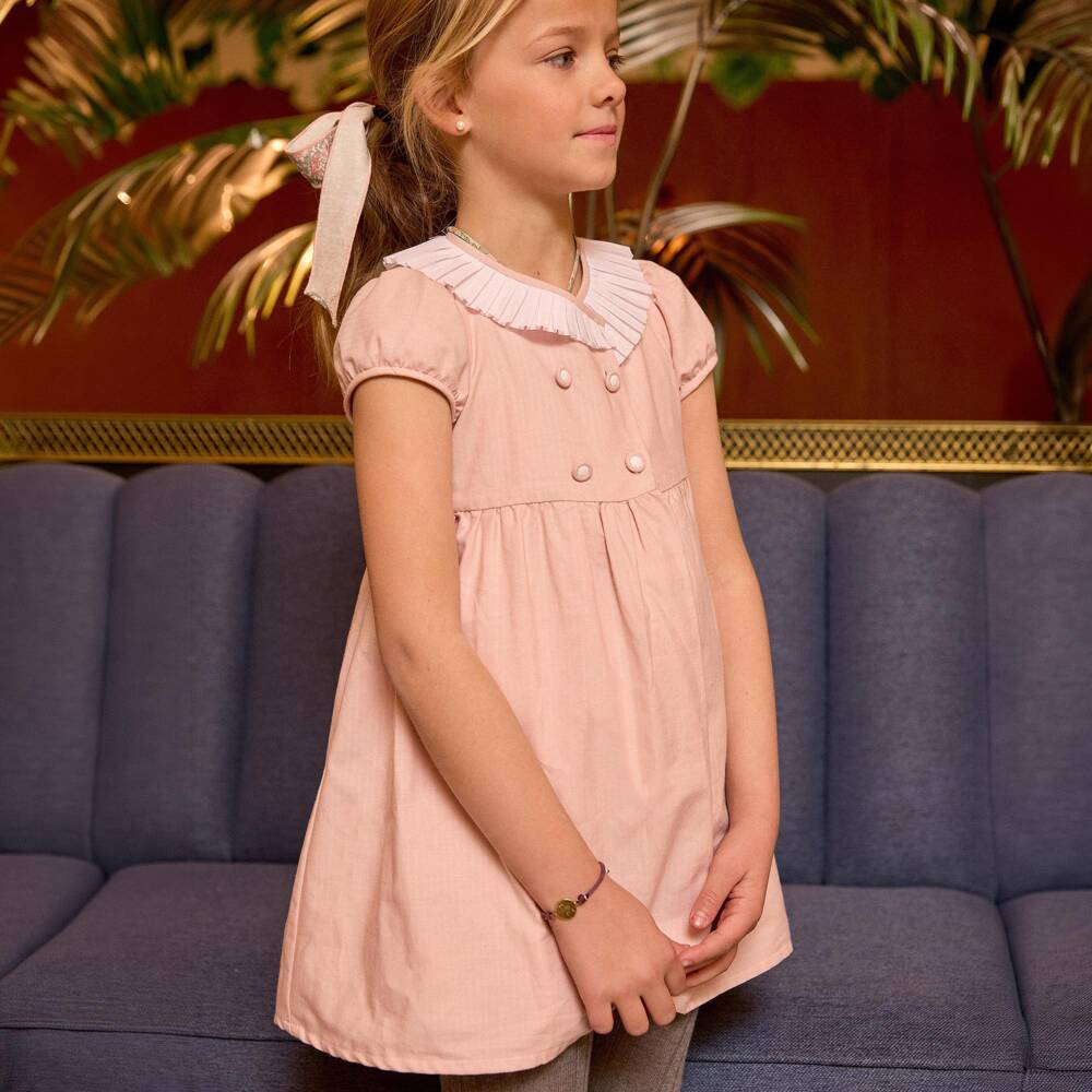 Ancar-Girls Pink Double-Breasted Cotton Dress | Childrensalon