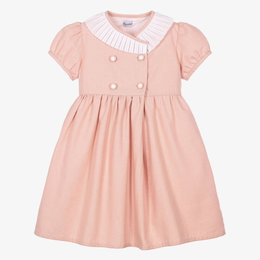 Ancar-Girls Pink Double-Breasted Cotton Dress  | Childrensalon