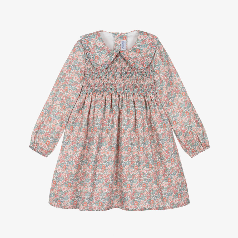 Ancar-Girls Pink Floral Shirred Cotton Dress | Childrensalon