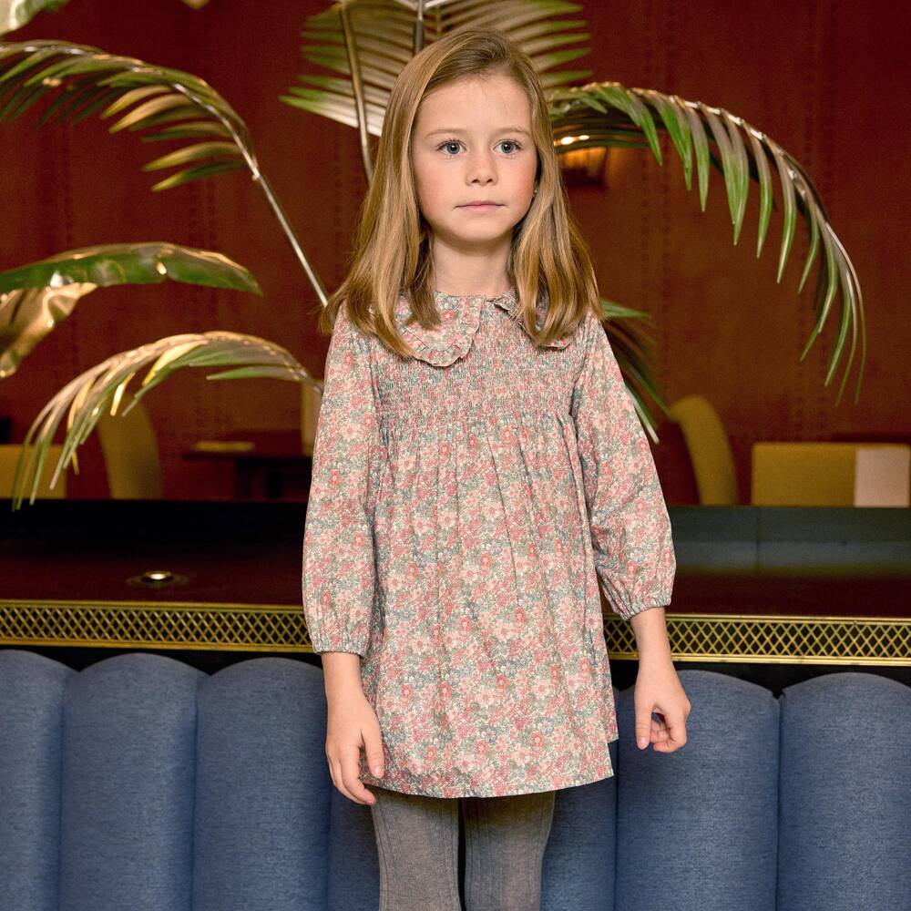 Ancar-Girls Pink Floral Shirred Cotton Dress | Childrensalon