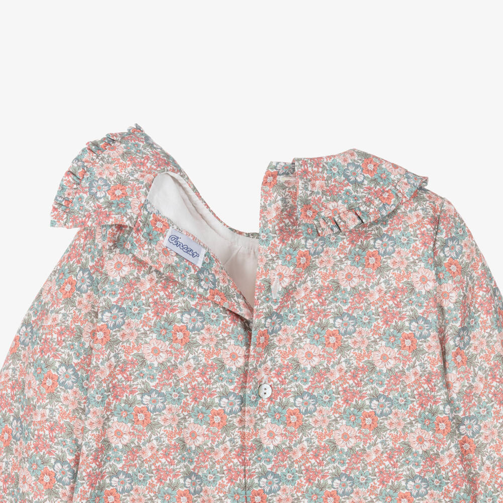 Ancar-Girls Pink Floral Shirred Cotton Dress | Childrensalon