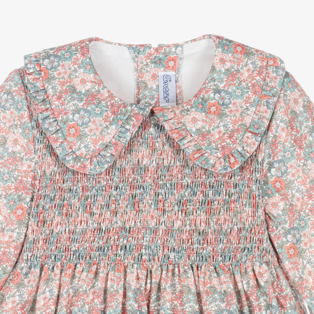 Ancar-Girls Pink Floral Shirred Cotton Dress | Childrensalon